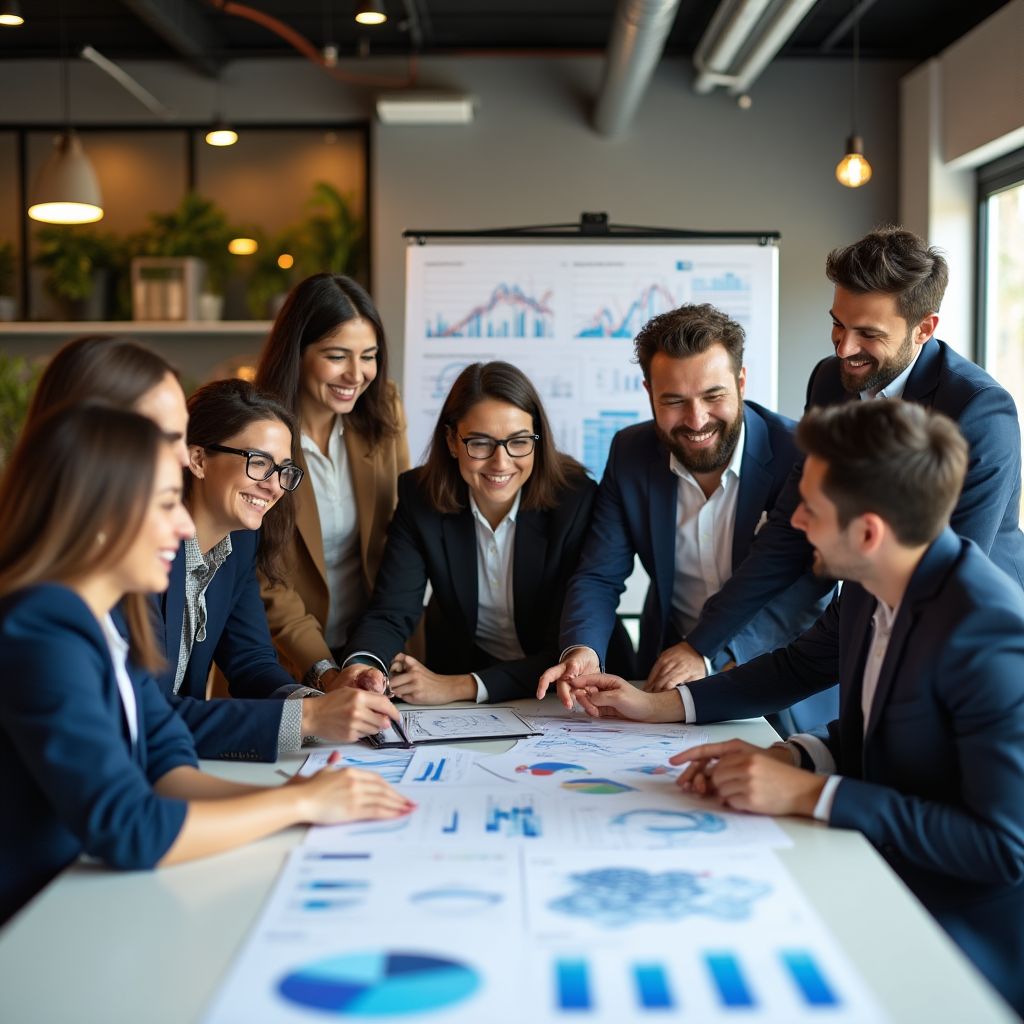 Equipo discutiendo un plan financiero en una oficina moderna en Argentina